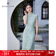 MORELINE沐蘭新中式輕奢蕾絲連衣裙2025年夏季新款優(yōu)雅氣質(zhì)改良式旗袍裙 霧藍 M