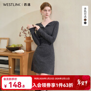 西遇純欲蕾絲拼接V領(lǐng)長(cháng)袖針織連衣裙女2025秋季修身顯瘦內搭短裙 灰色 XL (170)