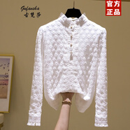 古梵莎立領(lǐng)蕾絲衫女秋冬季網(wǎng)紗繡花長(cháng)袖加厚加絨打底衫洋氣女士蕾絲襯衫 白色（常規 不加絨 ） M