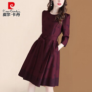 皮爾卡丹（pierre cardin）歐美感印花連衣裙女2026秋裝新款七分袖氣質(zhì)收腰顯瘦大擺裙子 紫紅色 S 【建議85-95斤】