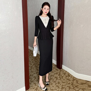 2026新款秋冬法式拼接荷葉邊重工釘珠包臀假兩件大碼顯瘦連衣裙 黑色 M