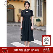 固執（OBSTINATE）【特價(jià)】2025夏季新款中式立領(lǐng)繡鉆提花泡泡袖短袖連衣裙 黑色 M