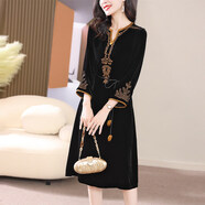 KURIOS奢品真絲絨連衣裙2026秋冬新款高貴洋氣復古民族風(fēng)重工刺繡時(shí)尚媽 黑色 S