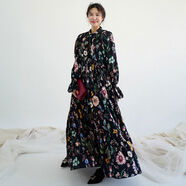 韓國chic浪漫主義優(yōu)雅花色領(lǐng)口系帶寬松喇叭袖長(cháng)款大擺型連衣裙 圖片色 均碼 均碼