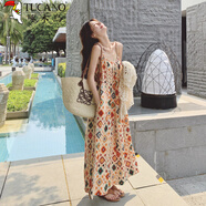 啄木鳥(niǎo)波西米亞風(fēng)印花吊帶洋裝套裝女鏤空開(kāi)衫三亞海島度假長(cháng)裙兩件套春 兩件套 S 110斤內