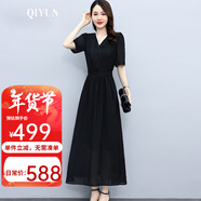 QIYUN品牌女裝 新款天絲連衣裙女2024年新款夏季品牌高端歐貨氣質(zhì)長(cháng)裙 黑色 XL 【建議115-124斤】