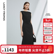 朗姿法式一字肩收腰抽褶設計感氣質(zhì)長(cháng)裙夏裝新款女禮服連衣裙 黑色 S