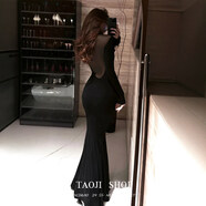 SZEL黑色露背魚(yú)尾連衣裙女長(cháng)袖修身包臀長(cháng)裙晚宴年會(huì )禮服風(fēng)派對裙 黑色 S