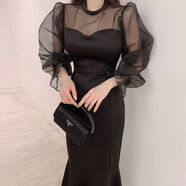 韓國chic法式氣質(zhì)圓領(lǐng)拼接網(wǎng)紗微透喇叭袖收腰顯瘦純色魚(yú)尾連衣裙 黑色 均碼 均碼