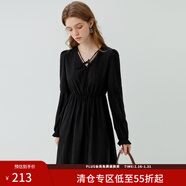 范思藍恩23FS13207法式復古燈籠袖綁帶收腰連衣裙春秋新款氣質(zhì)女裙 黑色 XS