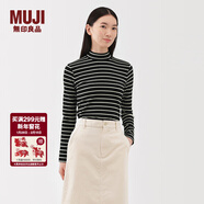 MUJI女式 起毛羅紋編織半高領(lǐng)長(cháng)袖T恤上衣打底衫女款內搭春秋女裝條紋 黑色條紋 L （165/88A）