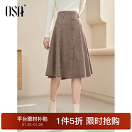 歐莎（OSA）【復古印象】咖色高腰千鳥(niǎo)格半身裙女秋季新品遮胯顯瘦a字裙 咖色格子 2XL