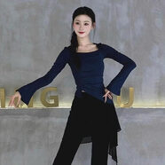 詩(shī)迦努古典舞蹈褲女新款屁簾假兩件微喇叭褲子成人藝考現代舞形體練功服 海青藍_上衣 M