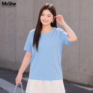 MsShe【天絲棉】大碼女裝2026款春裝胖mm長(cháng)袖T恤打底衫200斤上衣 圓領(lǐng)【短袖-天絲棉】冰河藍色現貨 6XL