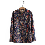 夏典素訂女王（SE.PSTP）休閑襯衫女春裝新款印花民族風(fēng)長(cháng)袖打底衫大碼女裝中老年洋氣媽媽 藍色 春秋款 XL 建議90-110斤