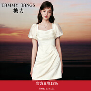 糖力【商場(chǎng)同款】夏新款法式蕩領(lǐng)短袖收褶流光絲緞面連衣裙女 杏色 L