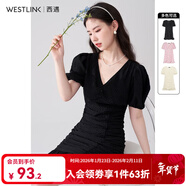 西遇V領(lǐng)泡泡袖連衣裙女2025年早夏新款法式褶皺收腰修身包臀裙子 黑色 S