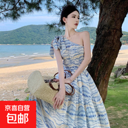 夏季藍海假日法式浪漫風(fēng)海濱度假印花斜肩油畫(huà)大擺連衣裙 藍色 M