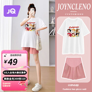 婧麒孕婦裝夏裝上衣短袖棉寬松T恤短褲遮肚子可愛(ài)印花套裝大碼韓版 T恤【櫻桃】白色Jwc63763 XXL