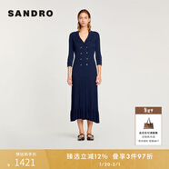 SANDRO2025秋冬女裝氣質(zhì)優(yōu)雅深藍色V領(lǐng)雙排扣荷葉邊針織連衣裙 深藍色 L