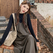 辣妹pu皮裙背帶無(wú)袖吊帶連衣裙女秋冬美拉德寬松休閑背心內搭長(cháng)裙 黑色打底衫 S 均碼