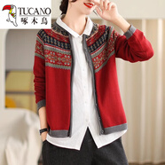 啄木鳥(niǎo)（TUCANO）秋季新款民族風(fēng)針織衫外套女復古寬松長(cháng)袖毛衣開(kāi)衫短款棉線(xiàn)上衣女 紅色 均碼 建議80-145斤