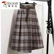 啄木鳥(niǎo)（TUCANO）大碼毛呢格子半身裙秋冬女a(chǎn)字裙中長(cháng)款不規則高腰加厚長(cháng)裙子傘裙 卡其色(送腰帶) L 建議120-140斤