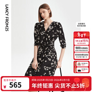 朗姿【明星同款】黑色復古碎花顯瘦連衣裙夏季新款氣質(zhì)裙子 黑色 M