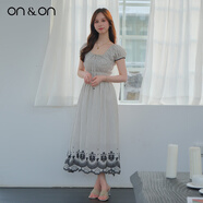 ON&ON/安乃安泡泡袖連衣裙26春季新款法式復古豎條紋撞色刺繡減齡長(cháng)裙 黑色 S