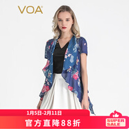 VOA真絲印花雪紡圍巾領(lǐng)短袖波浪邊輕薄開(kāi)衫百搭桑蠶絲外套 B027 藍底牡丹（Q89） M
