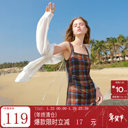 三彩獨醒2025秋款網(wǎng)紗印花吊帶裙方領(lǐng)收腰A字連衣裙F 酒紅格紋 S 155/80A