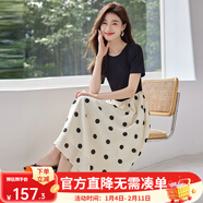 熙世界（sllsky）假兩件波點(diǎn)連衣裙2025秋季新款流行氣質(zhì)短袖圓領(lǐng)拼接裙子女裝 杏底黑色波點(diǎn) L