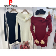 皮爾卡丹（pierre cardin）本命年新年戰袍紅色一字肩蝴蝶結針織連衣裙女秋冬修身包臀短裙子 黑色【連身裙/圣誕穿搭/裙子女秋冬/連衣裙2025 L