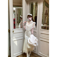 森女系原創(chuàng  )想去海邊 熠熠閃光 甜美蕾絲修身連衣裙少女紗裙 米白 S