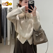 初徑毛毛領拉鏈長袖針織開衫外套秋冬新款氛圍感毛衣女裝 燕麥色上衣 S 【建議80-95斤】