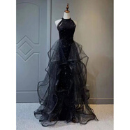 木南飛出租賃新娘敬酒服伴娘服2025新款韓版長(cháng)款修身宴會(huì )禮服敬酒服禮服 晚宴新款吊帶黑色 XL