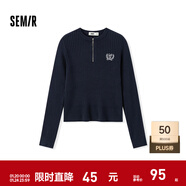 森馬（Semir）毛衣女冬季短款半開(kāi)襟刺繡修身套頭衫女生休閑簡(jiǎn)約風(fēng)顯瘦上衣 深藍80804 L