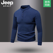 JEEP SPlRlT吉普Jeep春秋男士亨利領(lǐng)豎條紋休閑半開(kāi)襟長(cháng)袖T恤修身秋季上衣男 藏青色 XL 135-150斤
