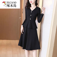啄木鳥(niǎo)（TUCANO）假兩件連衣裙女2025新款春秋大碼高端收腰顯瘦黑色氣質(zhì)洋氣小黑裙 【1013#】黑色 L 【建議115斤內】