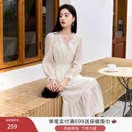 香影米色鏤空刺繡v領(lǐng)連衣裙女2026春季新款法式溫柔風(fēng)松緊腰裙子 米色 M