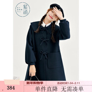 紫涵小A型方領(lǐng)毛呢大衣女冬季學(xué)院風(fēng)門(mén)襟手打蝴蝶結外套 黑藏青 L