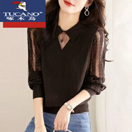 啄木鳥(niǎo)（TUCANO）蕾絲上衣女洋氣長(cháng)袖打底衫2025春秋新款薄款鏤空娃娃領(lǐng)網(wǎng)紗針織衫 TT248#咖色 2XL 建議130-145斤