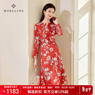 MORELINE沐蘭優(yōu)雅設計感腰袢修身連衣裙2026年春季新款氣質(zhì)印花九分袖裙子 朱紅映雪 M