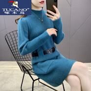 啄木鳥(niǎo)（TUCANO）長(cháng)款毛衣女冬加厚寬松外穿秋季2025新款半高領(lǐng)針織連衣裙打底長(cháng)裙 藍色 S 建議80-95斤