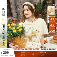 兩三事梵高文藝 葵焰喵憩 2025夏季新款不規則下擺系帶印花短袖t恤女 杏色 L