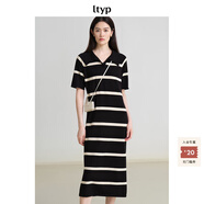 旅途原品【明星同款】ltyp真絲亞麻棉休閑V字翻領(lǐng)條紋針織連衣裙女中長(cháng)裙 杏黑色-經(jīng)典條紋-真絲亞麻棉 L -XL-165-170cm（現貨）
