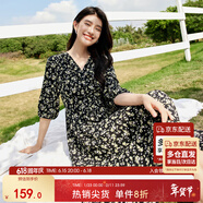 尚都比拉度假風(fēng)碎花連衣裙女夏天V領(lǐng)氣質(zhì)中長(cháng)裙收腰A字雪紡裙子 黑花  2XL