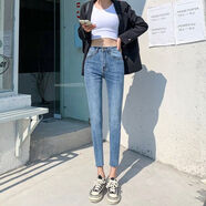 150小個(gè)子八分加絨牛仔褲女秋薄款高腰緊身顯瘦小腳褲九分鉛筆褲 淺藍-9分褲 25 25