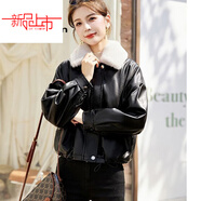 皮爾卡丹（pierre cardin）皮衣外套女秋冬2025新款加絨加厚寬松顯瘦休閑洋氣百搭保暖帶毛領(lǐng) 黑色 【不裂皮】今年流行的輕奢 L 建議【110-120斤】