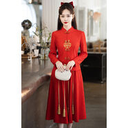 大尺碼女裝春季款新娘大紅色敬酒服訂婚禮服旗袍改良回門(mén)洋裝套裝 大紅色喜字款9212 S S建議80-95斤